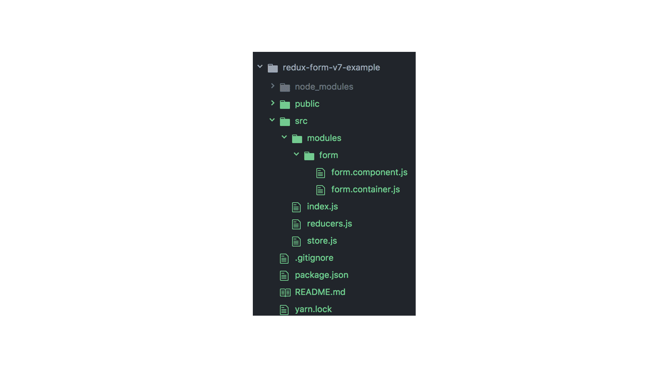 src/modules/form | index.js, reducers.js and store.js in modules.| form.component.js and form.container.js in form
