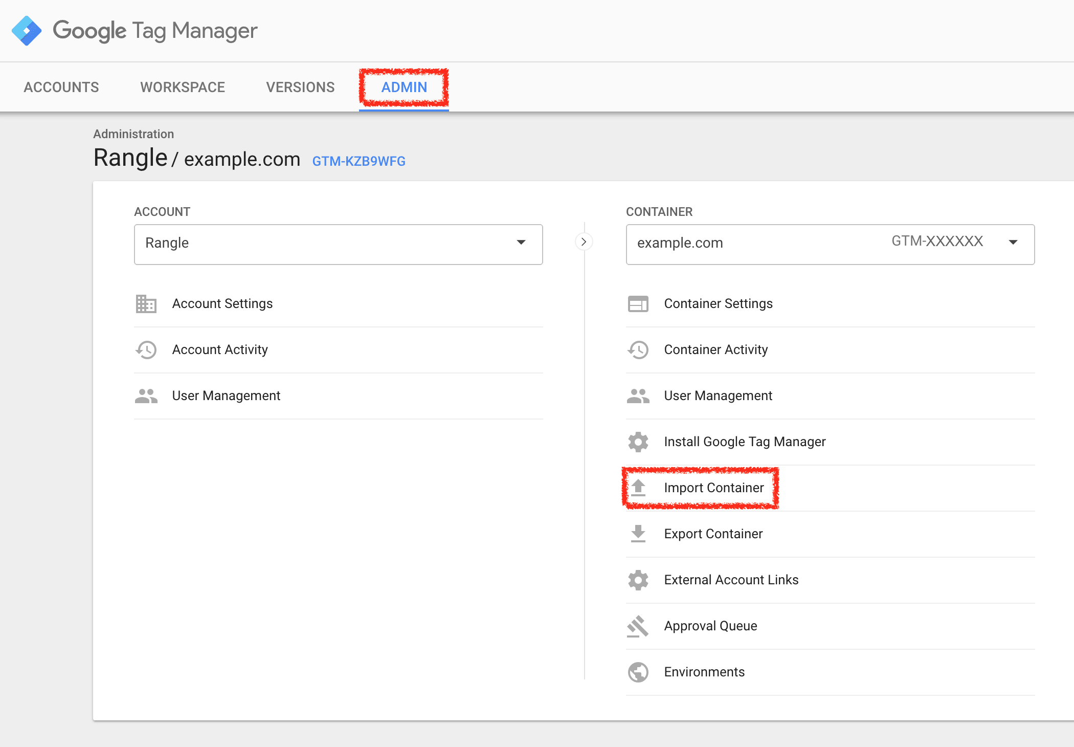 import starter container (found in admin of google tag manager)