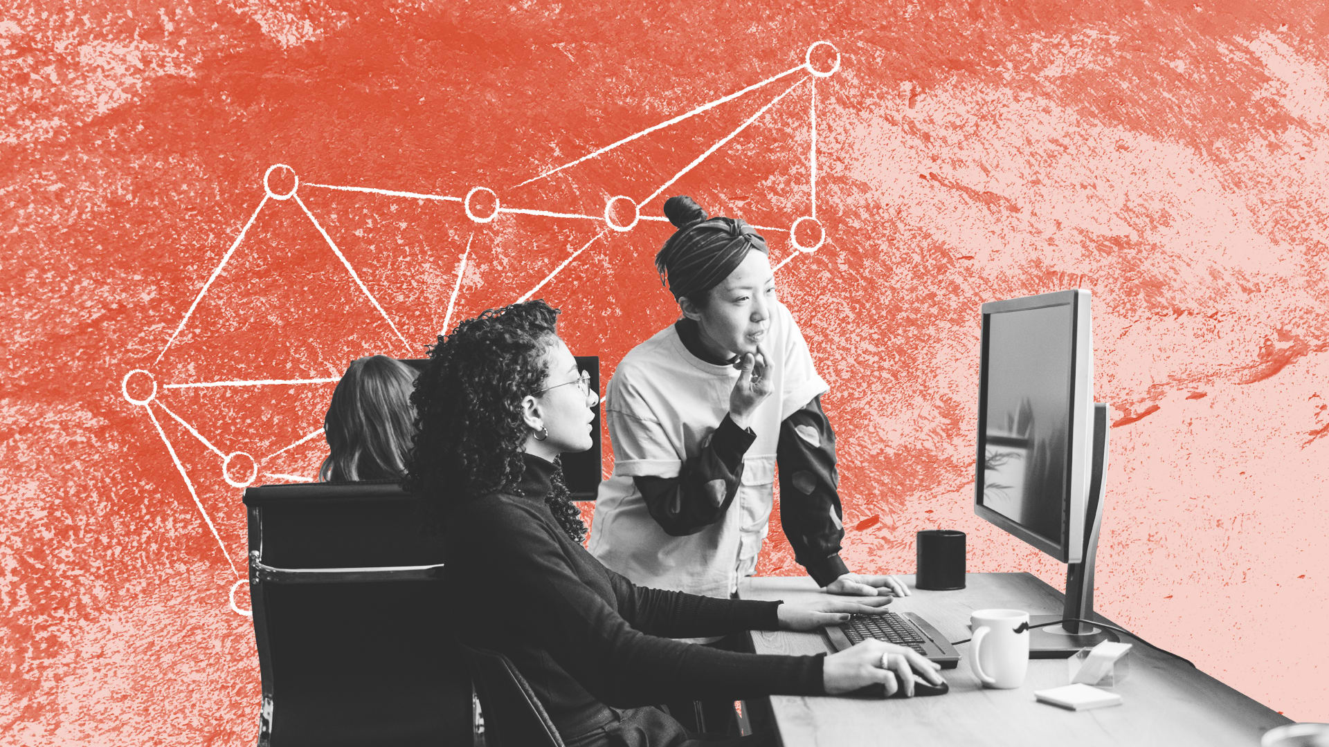 People at computer with graph in background.