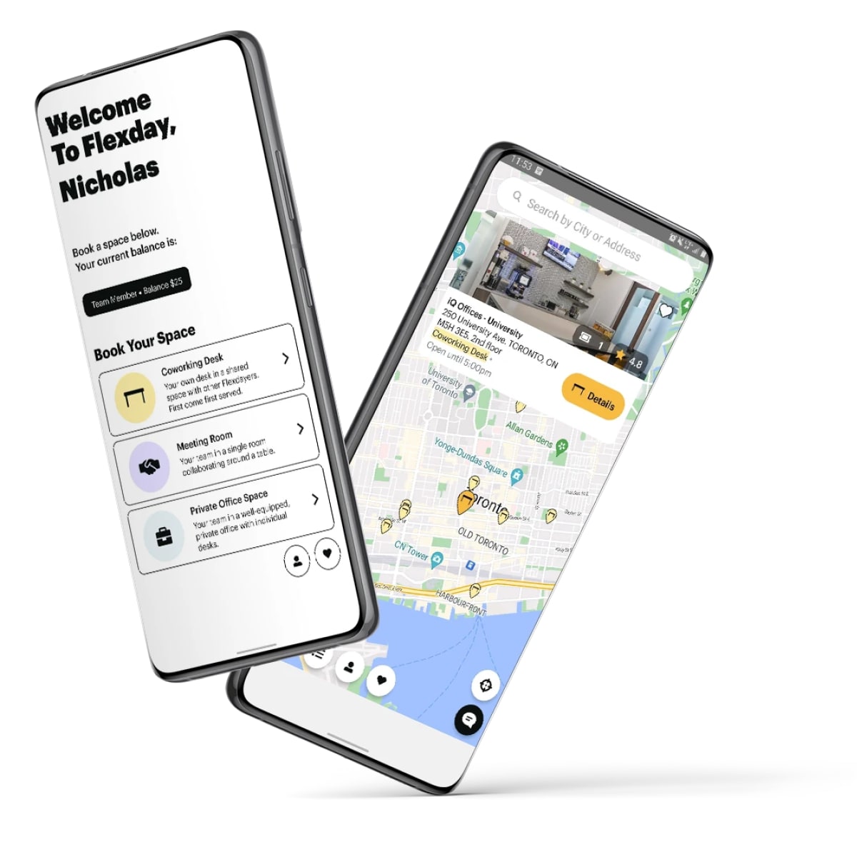 Flexday's new mobile app on two phone screens
