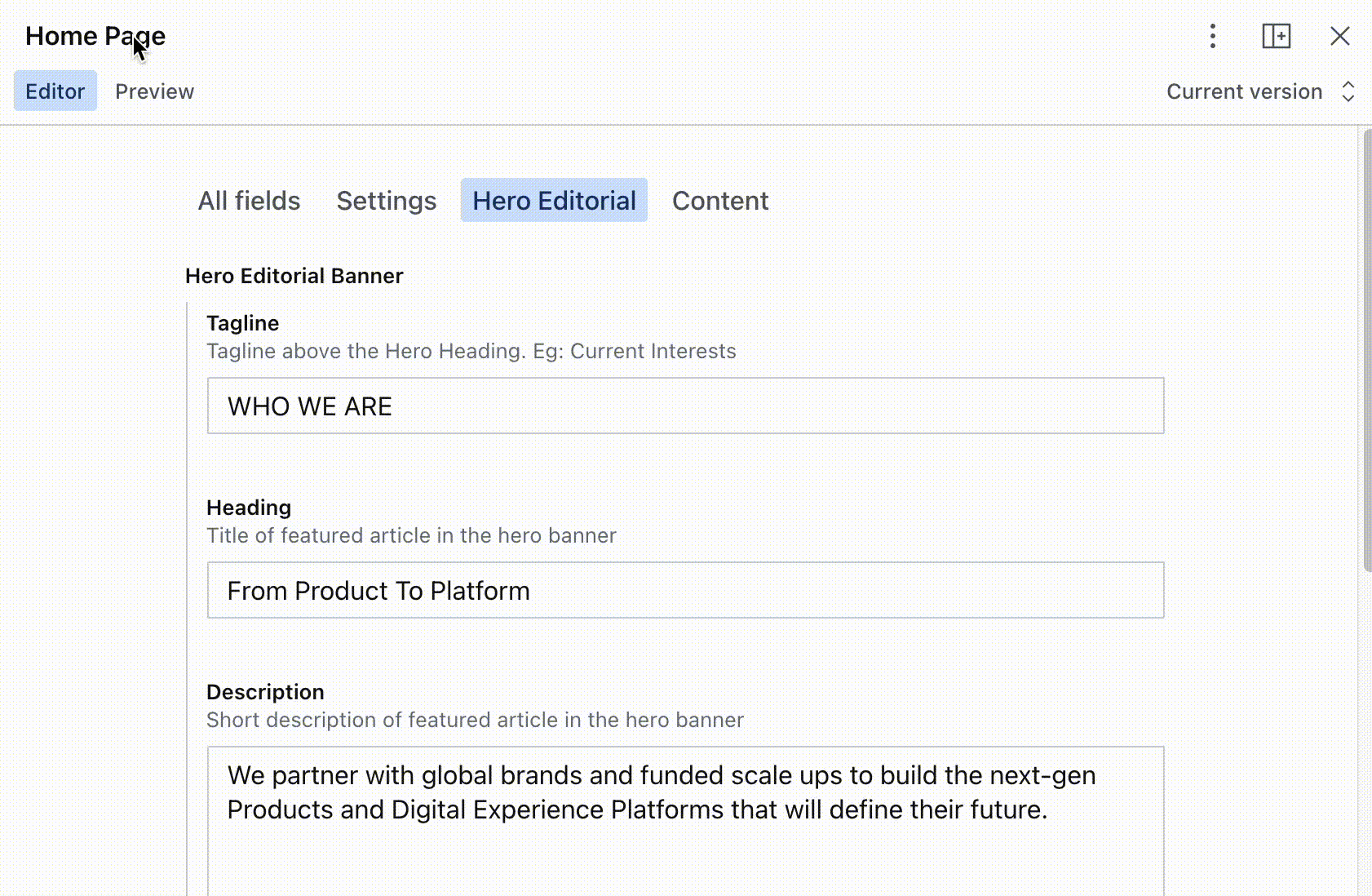 view of editing home page: tabs called "All fields", "Settings", "Hero Editorial" and "Content"