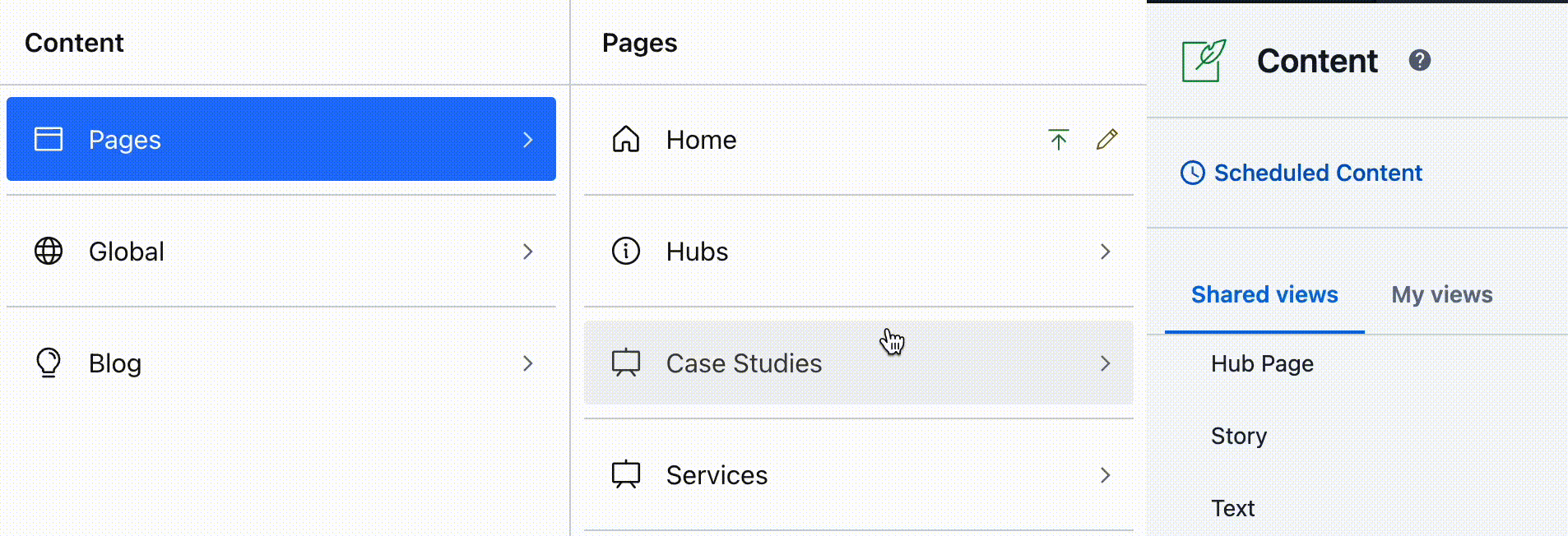 Pages, Global, Blog under Content on the left hand side; flat, long list of content models on right hand side