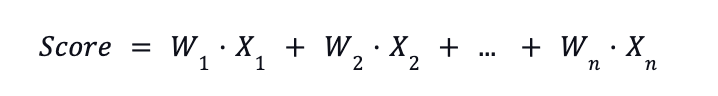 Score = W1 * X1 + W2 * X2 + ... + Wn * Xn