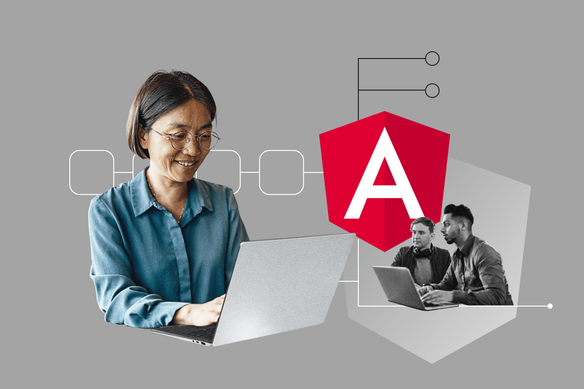 woman looking at laptop with Angular logo next to her and a photo of two men working at a computer