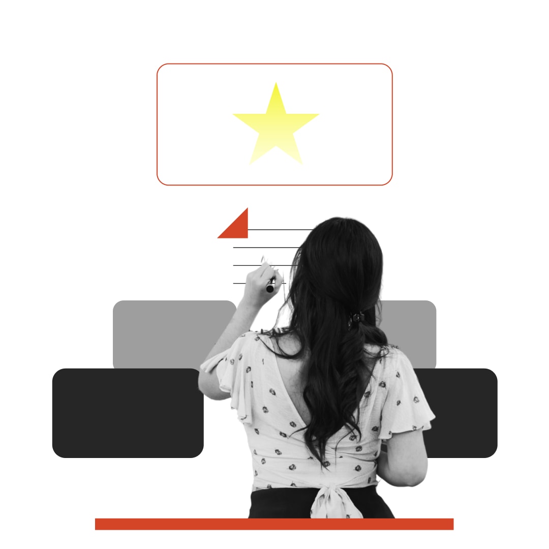 Person facing a board with North Star Metric iconography. Collage.