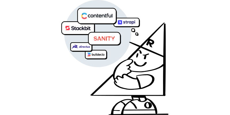 triangular cartoon character wearing Rangle logo on hat, with thought bubble of headless CMS logos