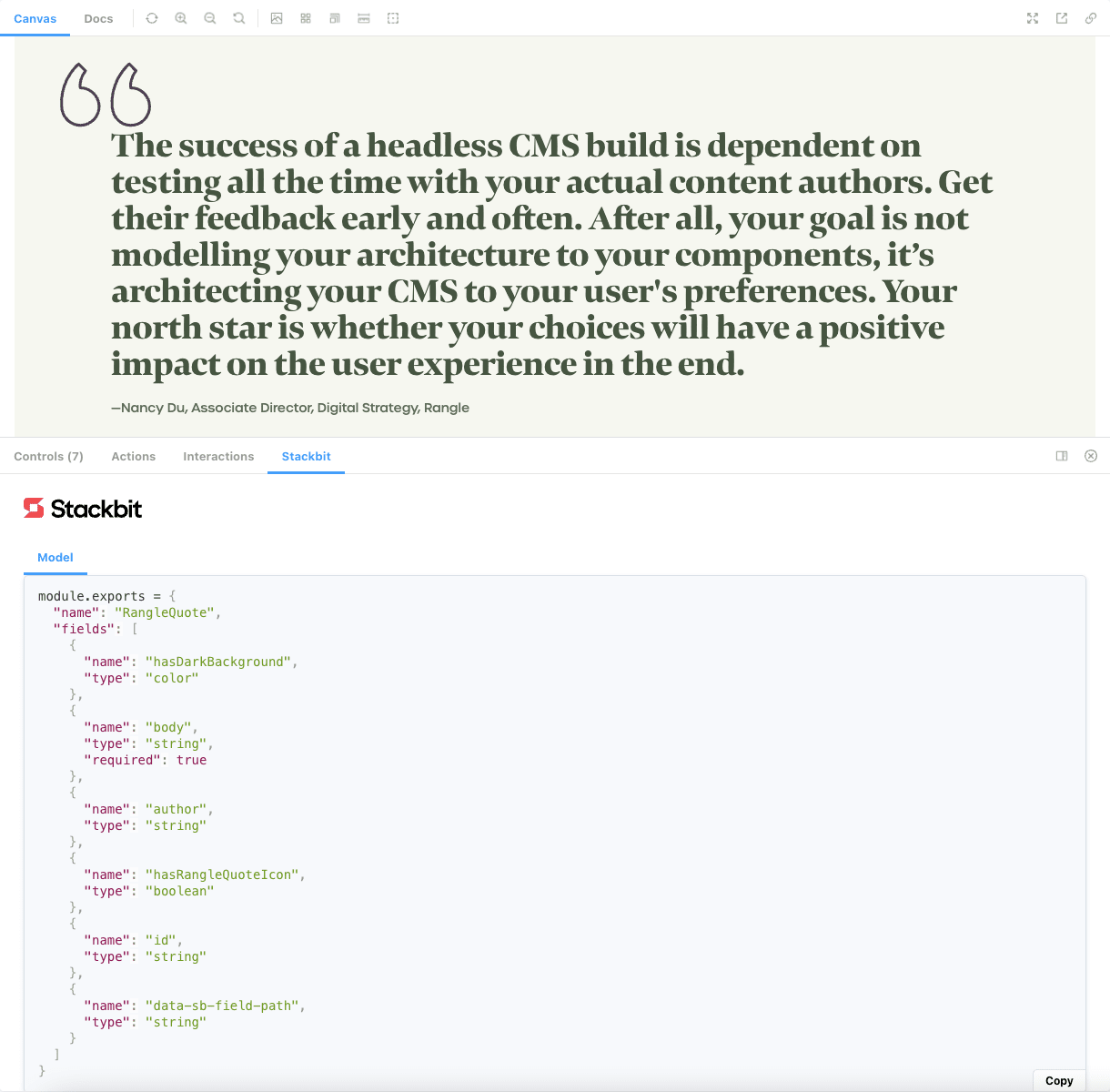 Stackbit storybook plugin showing proposed content model for Quote component