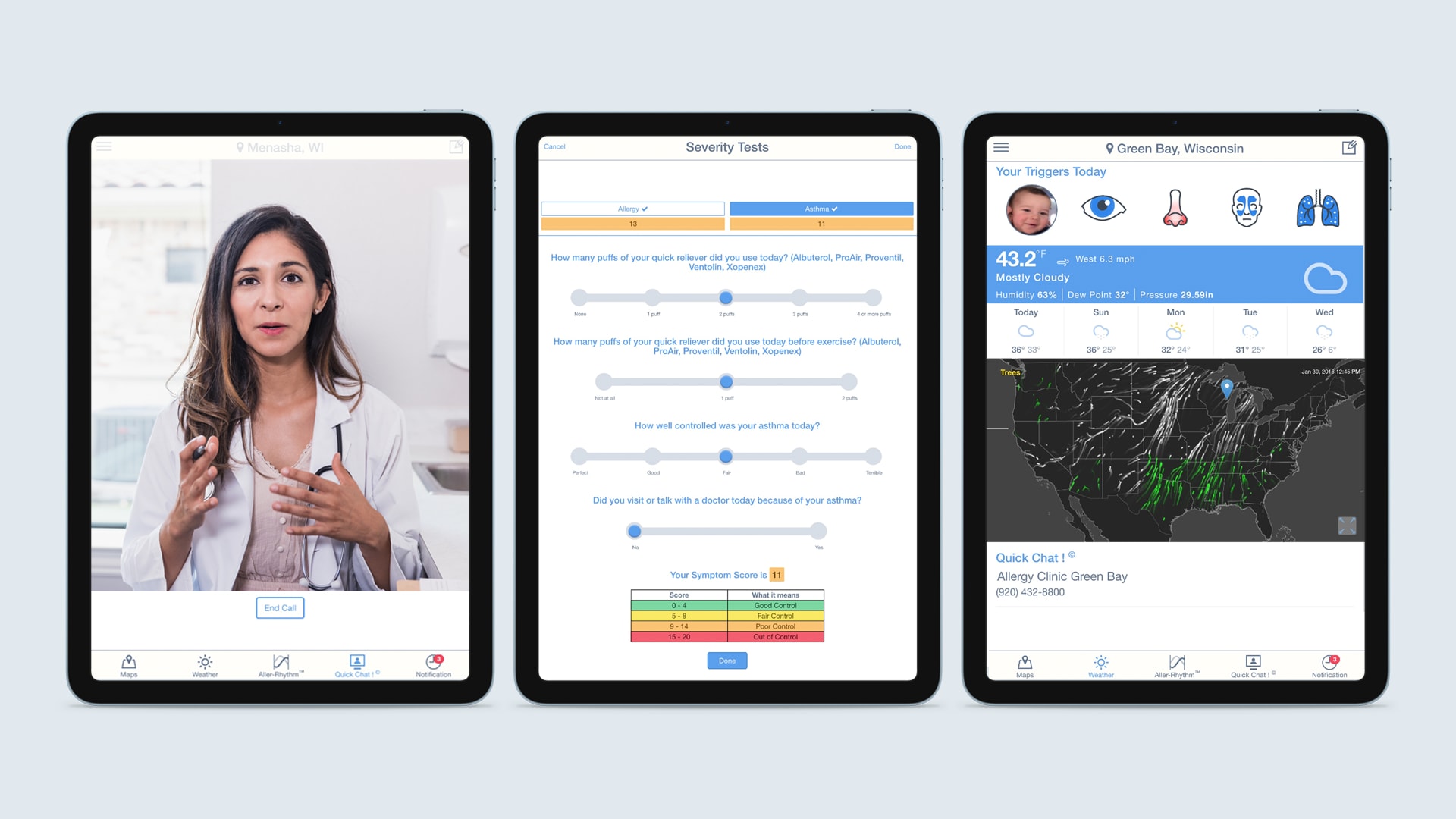Quick chat, symptom severity test, and weather notifications app shown across three tablets