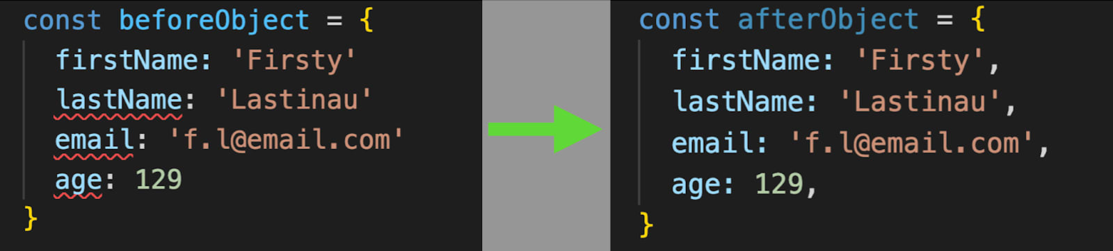 code snippet showing automatically inserted commas