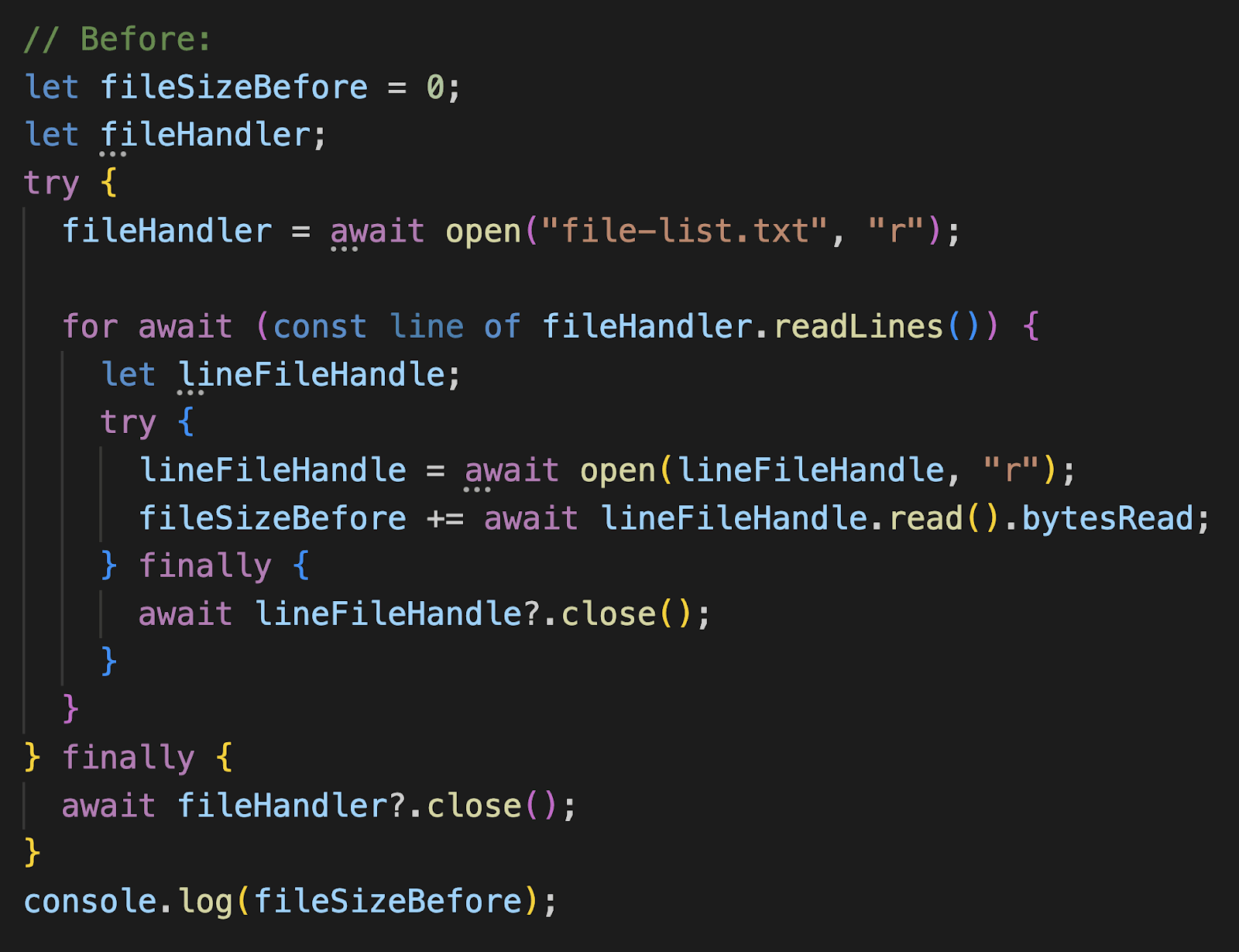 code snippet showing how to handle closing resources before version 5.2