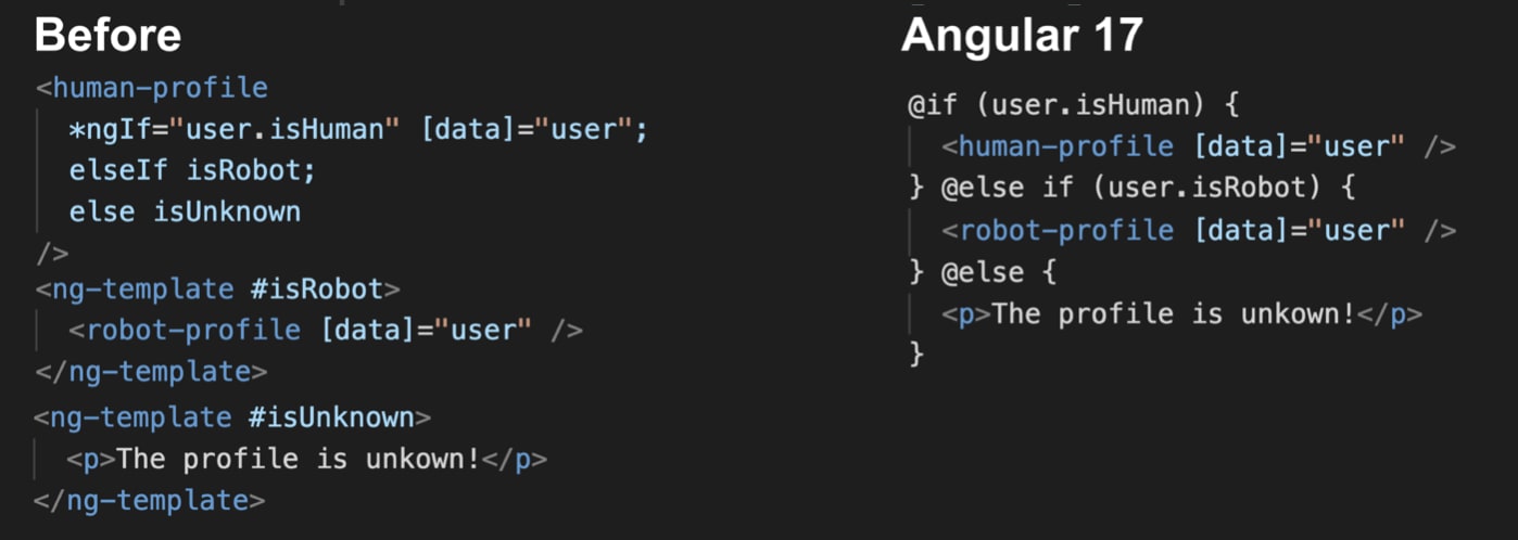 code snippet showing new syntax for conditional rendering using the @ symbol