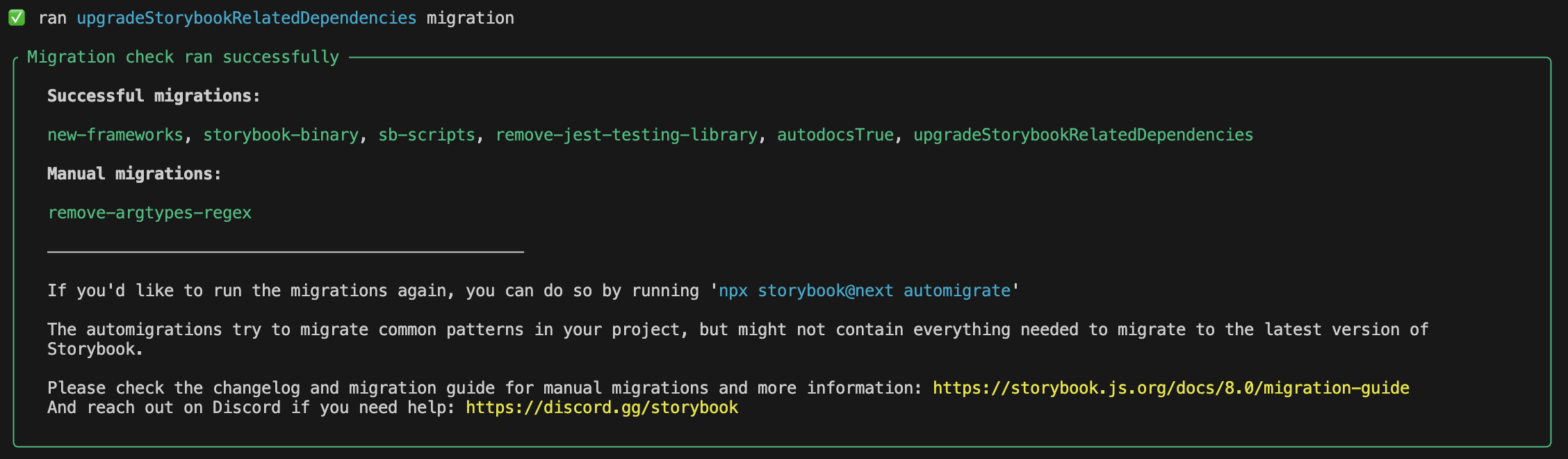 After completion, the auto-migration script summarizes what is done automatically and what steps require manual migration.