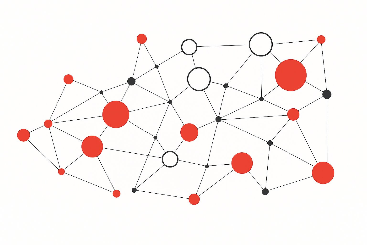 Abstract network diagram with red, black, and white circles of varying sizes connected by thin black lines on a white background, representing interconnected systems or components.