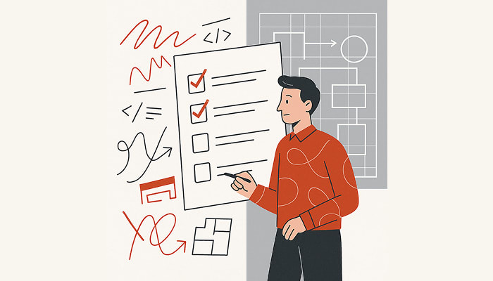 Split-screen illustration of chaotic code sketches on the left and a clean software blueprint on the right, connected by a glowing checklist being reviewed by a developer.