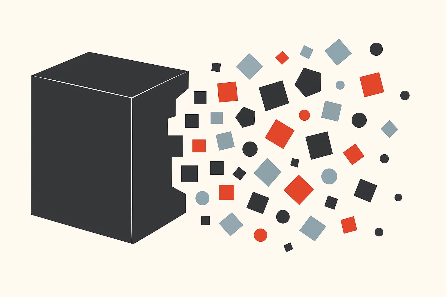 Dark gray block breaking apart into scattered red, light-blue, and black geometric shapes on an off-white background.