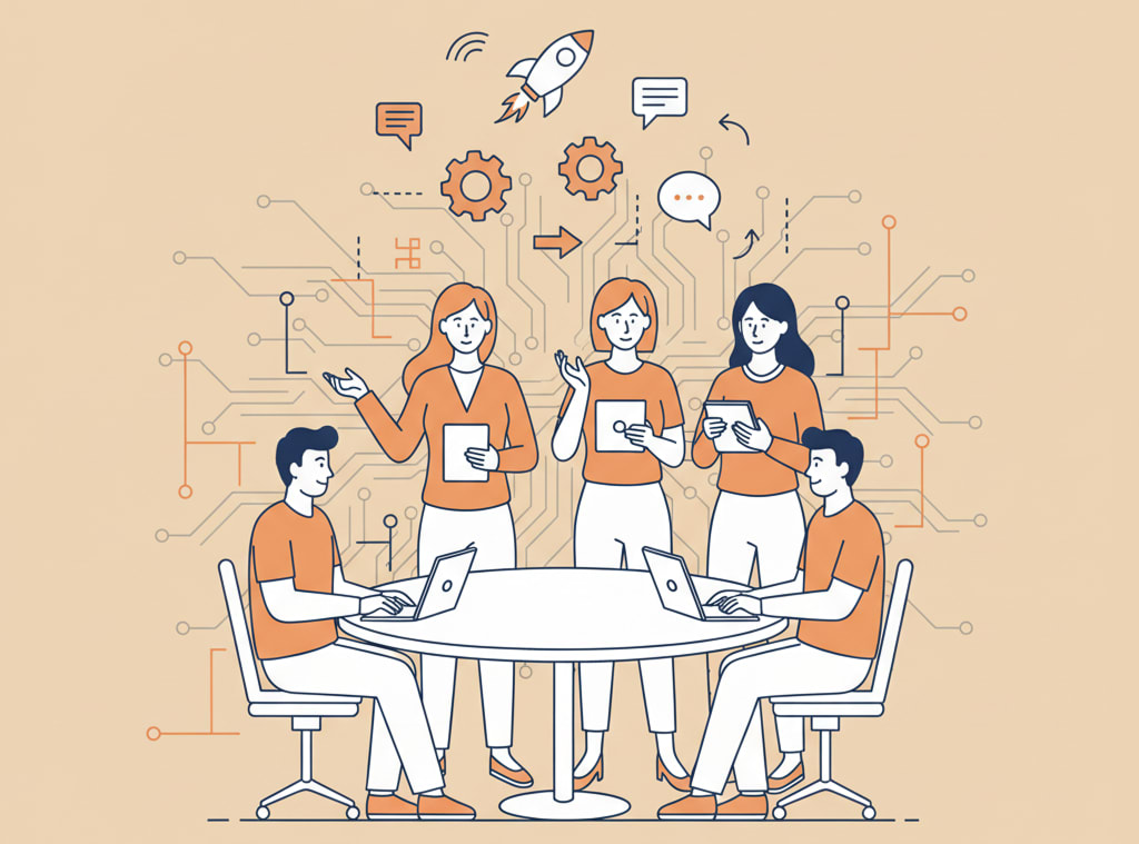 Minimalist line art illustration of a team collaborating, with tech circuit board elements in an orange and navy blue palette on a beige-orange background.
