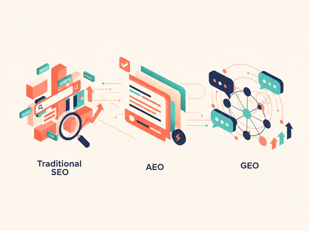 A modern, isometric illustration showing the evolution of search optimization from Traditional SEO (keywords) to AEO (answer cards) to GEO (AI chat bubbles and neural networks).