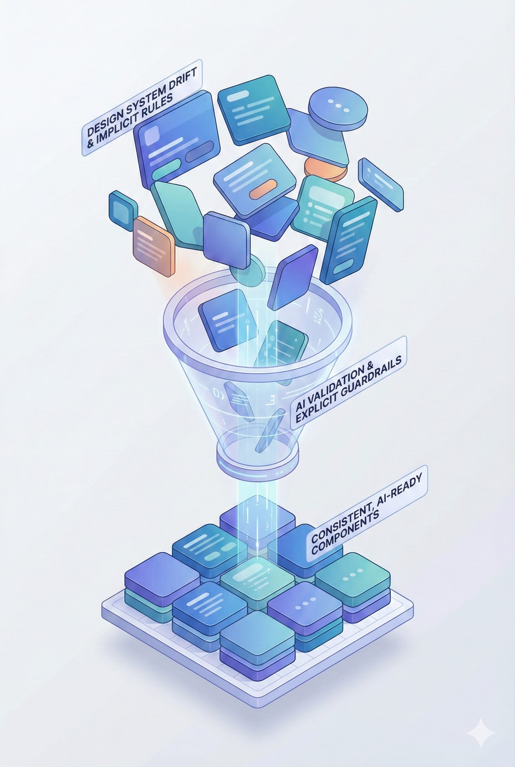 Before and after of a scattered design system becoming organized as it passes through an "AI Validation" funnel.