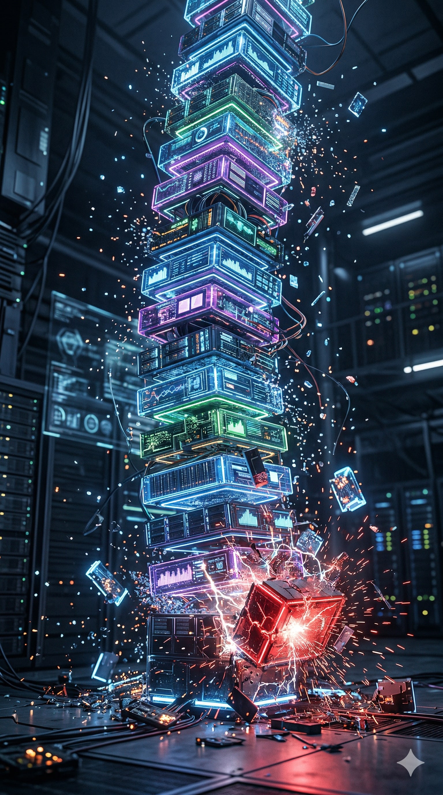 An image of a stack representing software collapsing when one of the supporting components breaks.