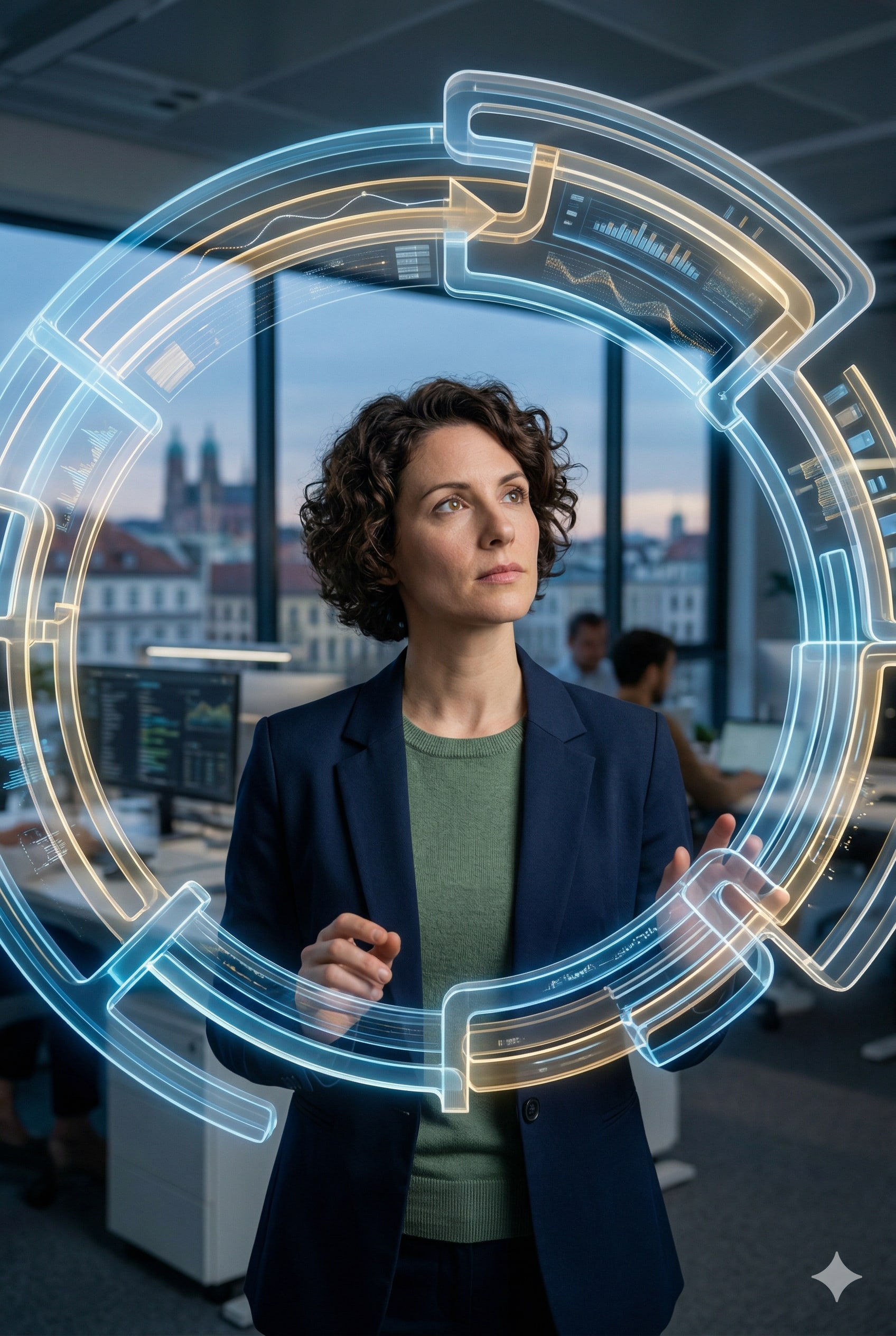 A woman stands in front of a circular 3D projection representing a system, studying a section of it.