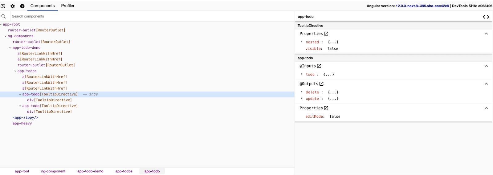 Example of selected component with UI showing metadata, properties, inputs and outputs.