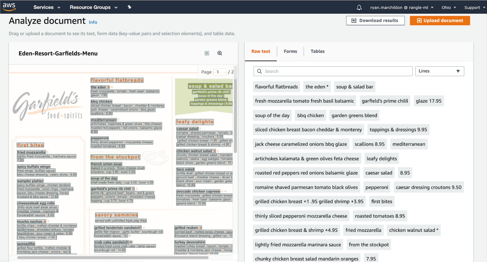 Example menu processed through Textract.