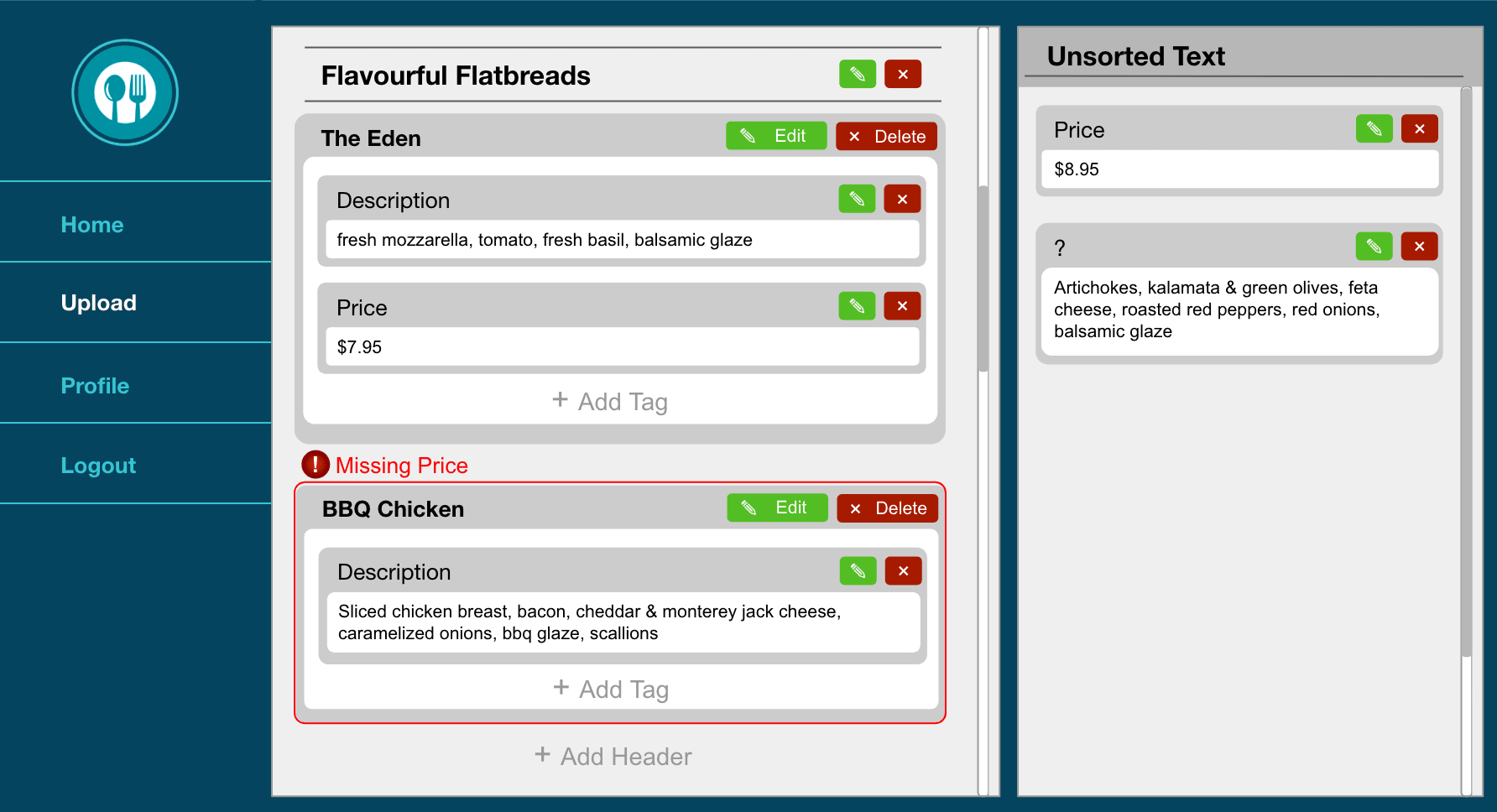 Example validation screen for the content extraction of a menu
