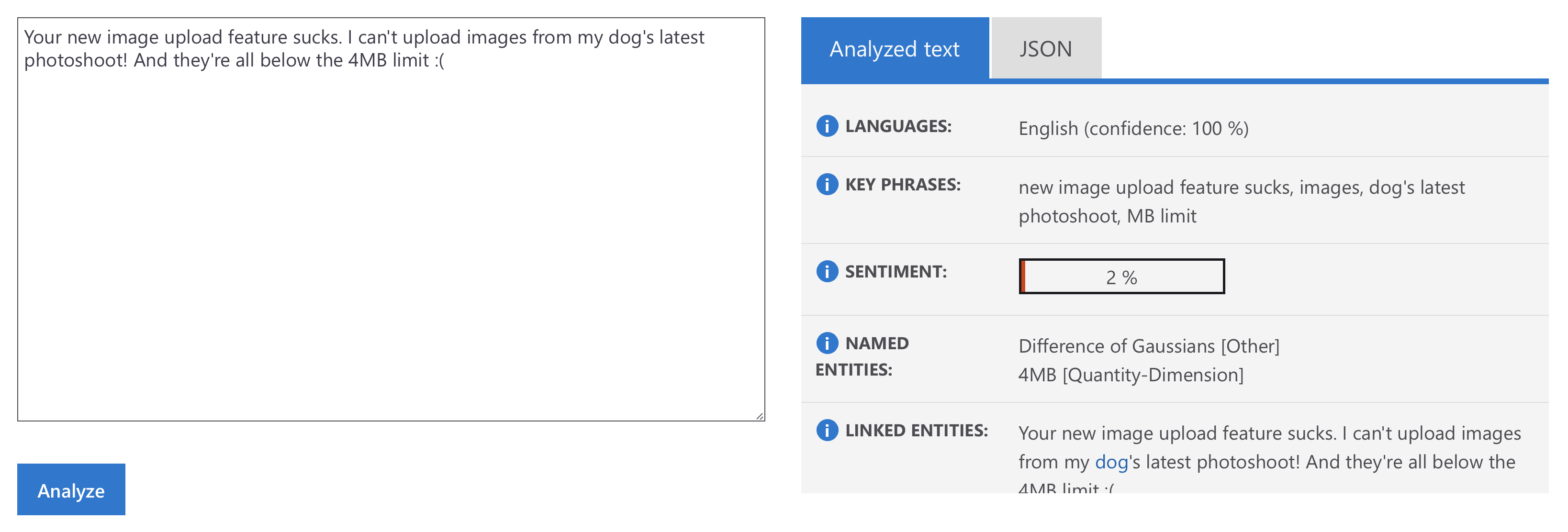 Microsoft Azure Text Analytics API identifying negative sentiment within text.