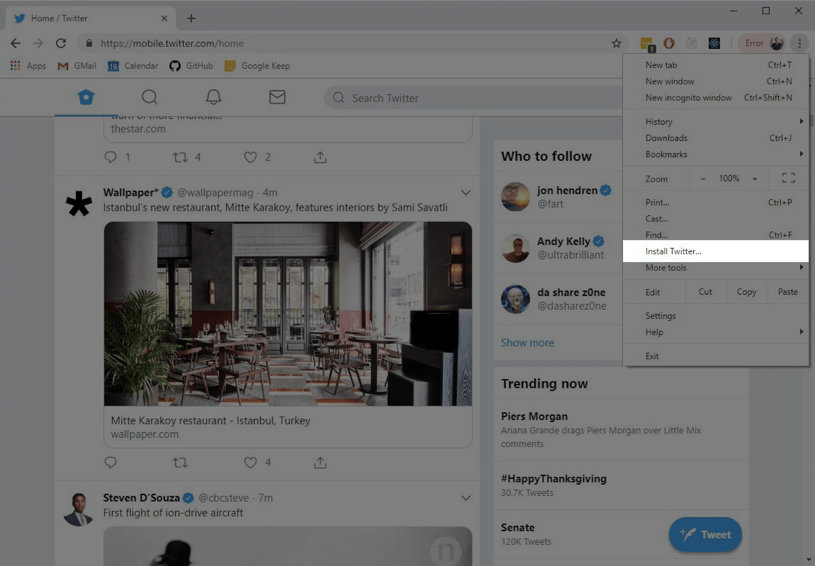 shows chrome dropdown for pwa installation