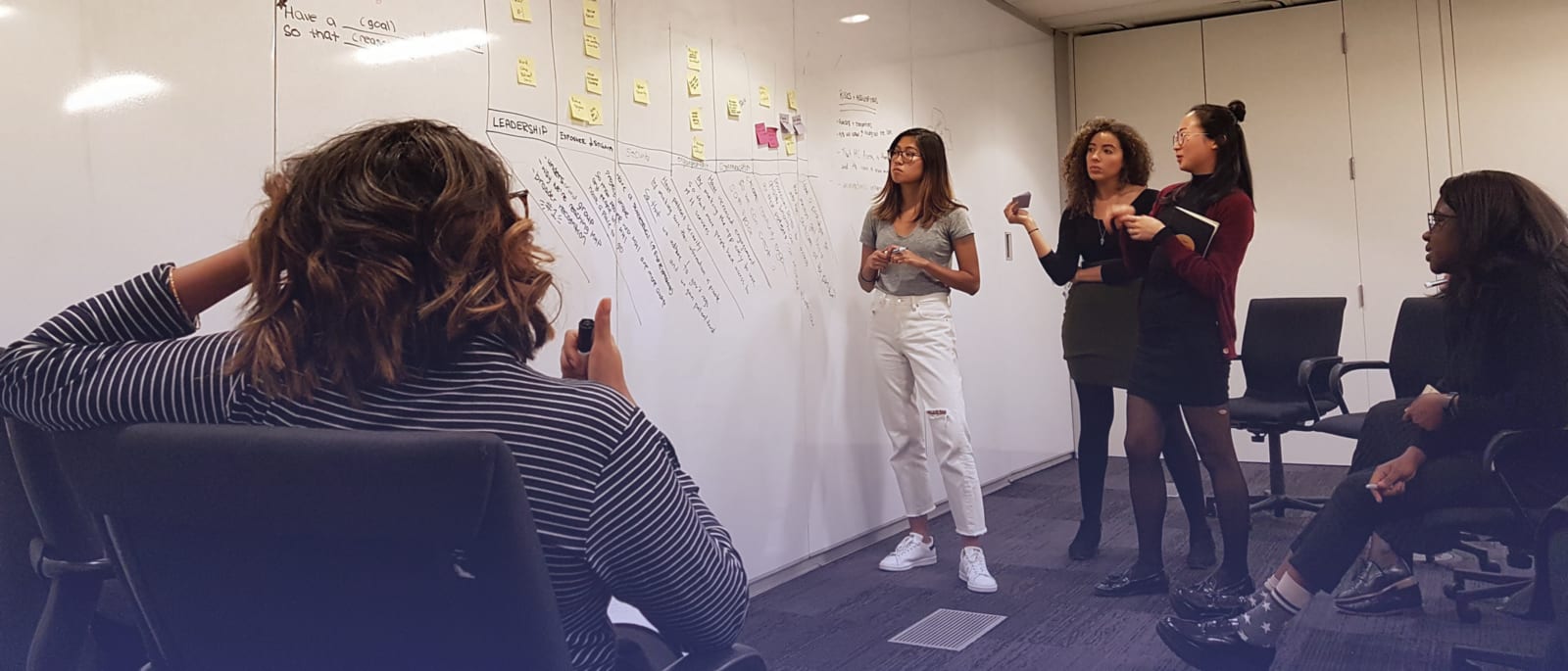 Alyssa, Nadia, June, and Feyi practicing facilitation during a discovery session with stakeholders.