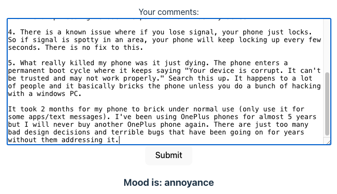 Mood says "annoyance" after a poor product review