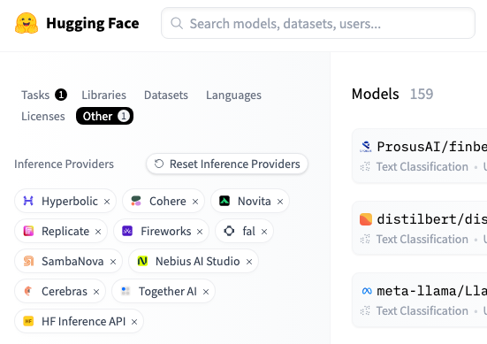Filtering models by inference provider and category