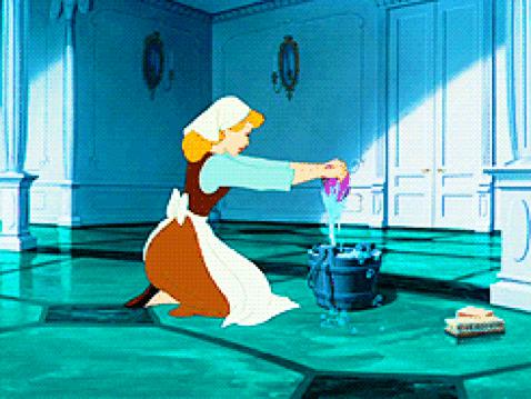 cinderella washing a floor with a bucket and sponge