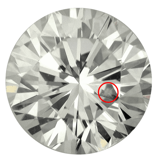 Round diamond showing a bruise inclusion that is circled in red