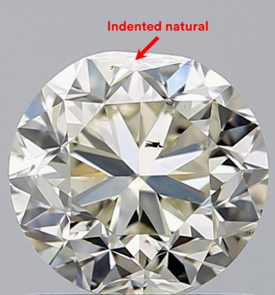 A round diamond with a red arrow pointing to an indentation with the words "Indented natural"