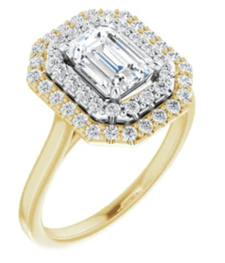 A double halo, emerald cut yellow gold diamond ring 