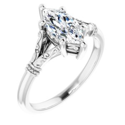 Marquise solitaire ring with a split shank and decorative metalwork in white metal 