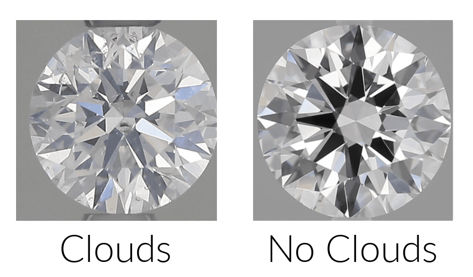 a round diamond that is cloudy next to one that is not 