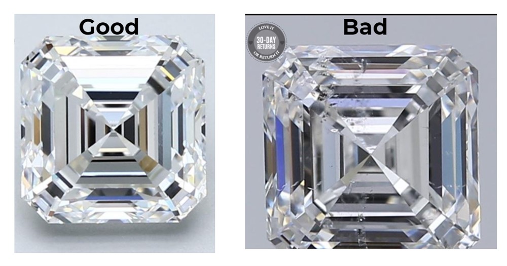two comparison photos side by side Asscher diamond cut, one with good clarity, the other with bad clarity