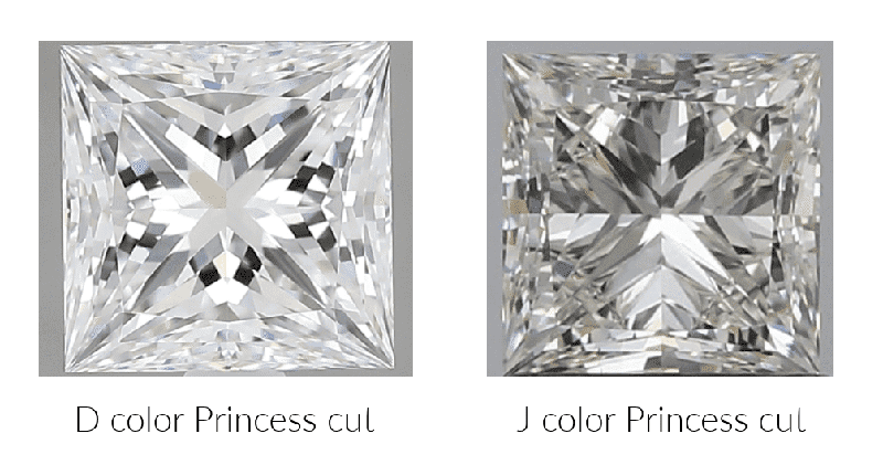 A D color princess cut being compared to a J color princess cut diamond