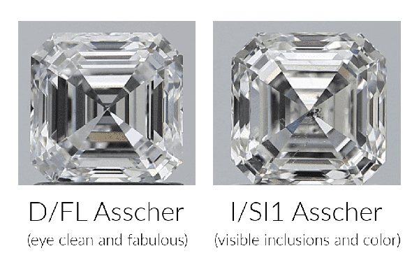 Asscher cut diamonds; left is D/flawless and eye clean. Right is an 1/SI1 showing visible inclusions and warmth 