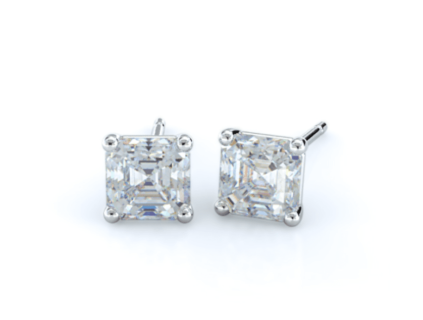 pair of Asscher diamond cut studs in white gold