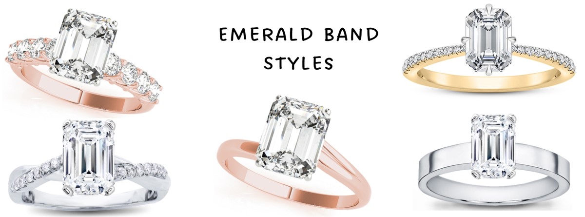 A composite image of engagement rings featuring emerald cut diamonds with different band styles