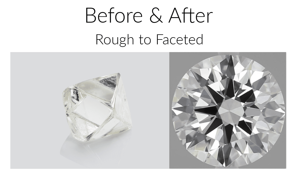 A rough diamond next to a round faceted diamond 