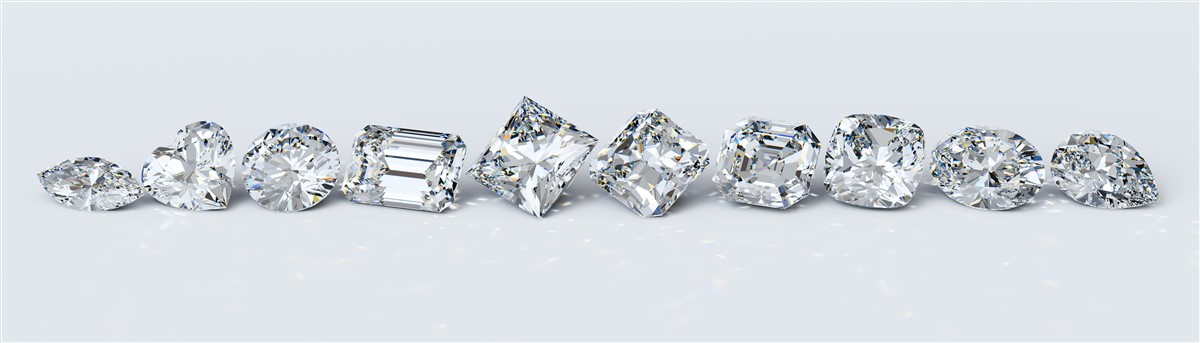 marquise, heart, round, emerald, princess, cushion, asscher, cushion, oval pear diamond all lines up in a row 