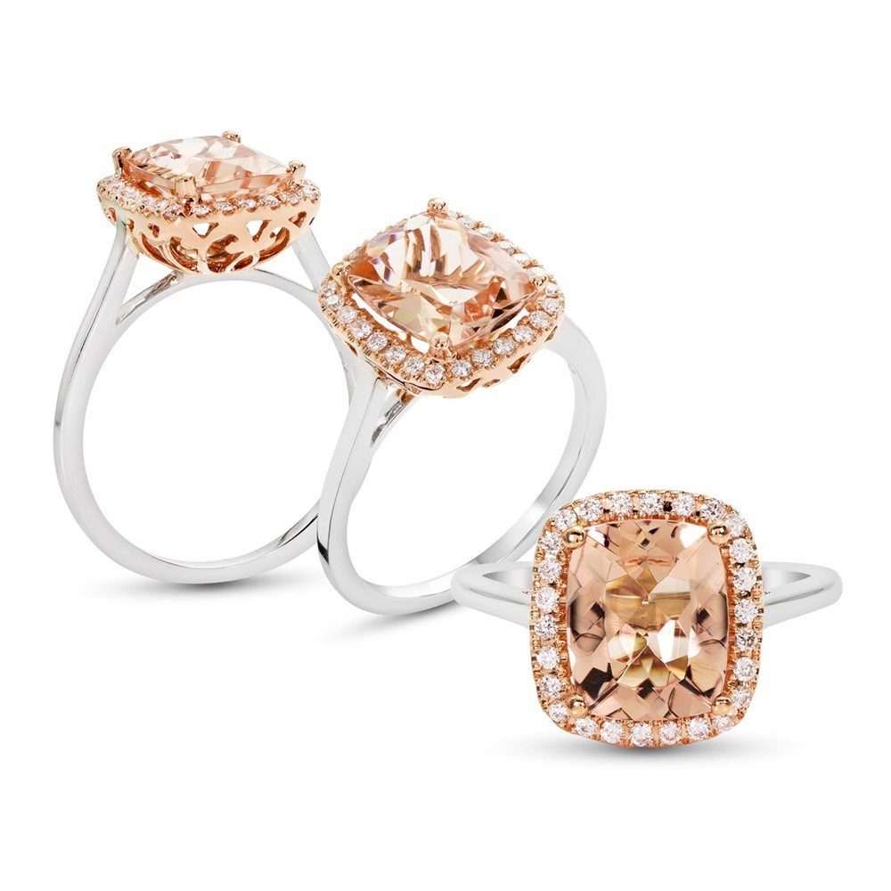 Three different profile views of a morganite and diamond engagement ring
