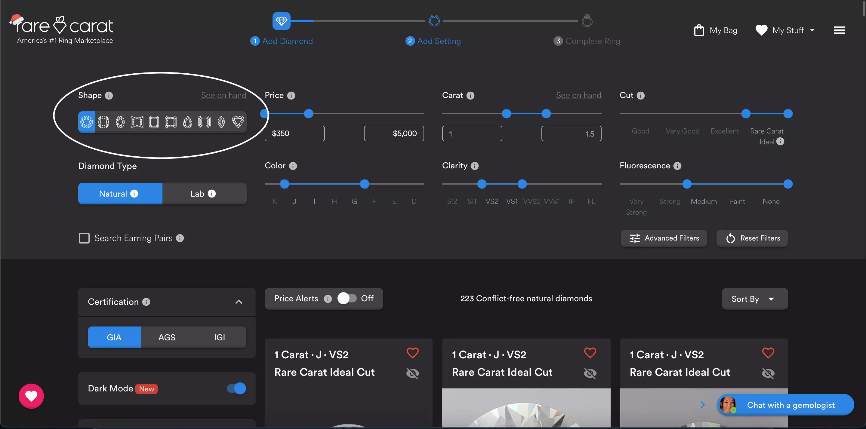 RC homepage with shape options circled