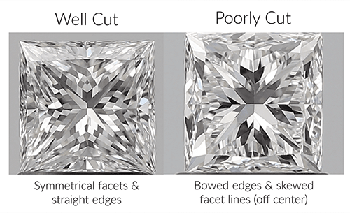 A well cut princess diamond compared to a poorly cut diamond 