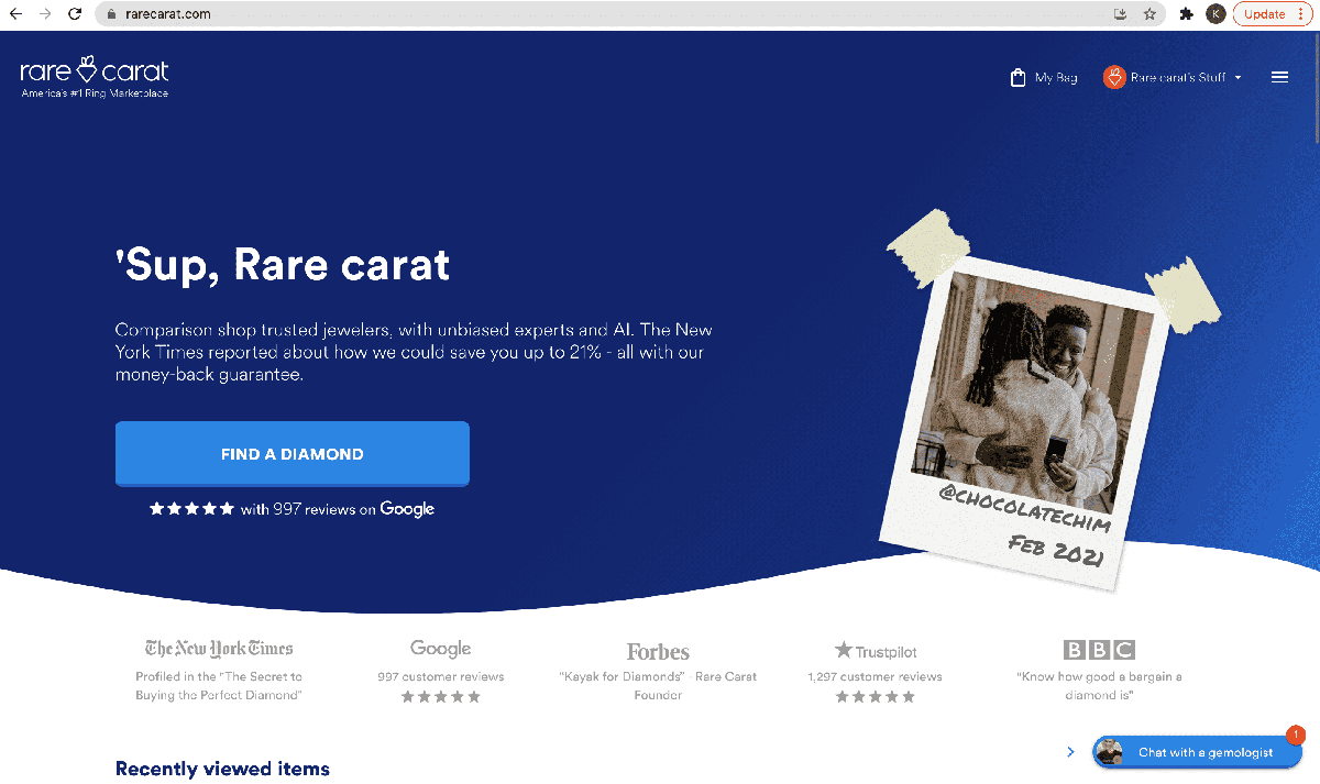 A screenshot of the homepage of rarecarat.com 