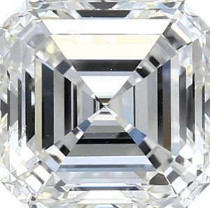 A square step-cut asscher diamond with cut corners shown against a white background